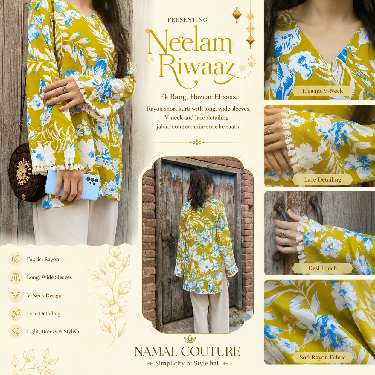 NeNEELAM RIWAAZ _ Short kurti with lace detailing