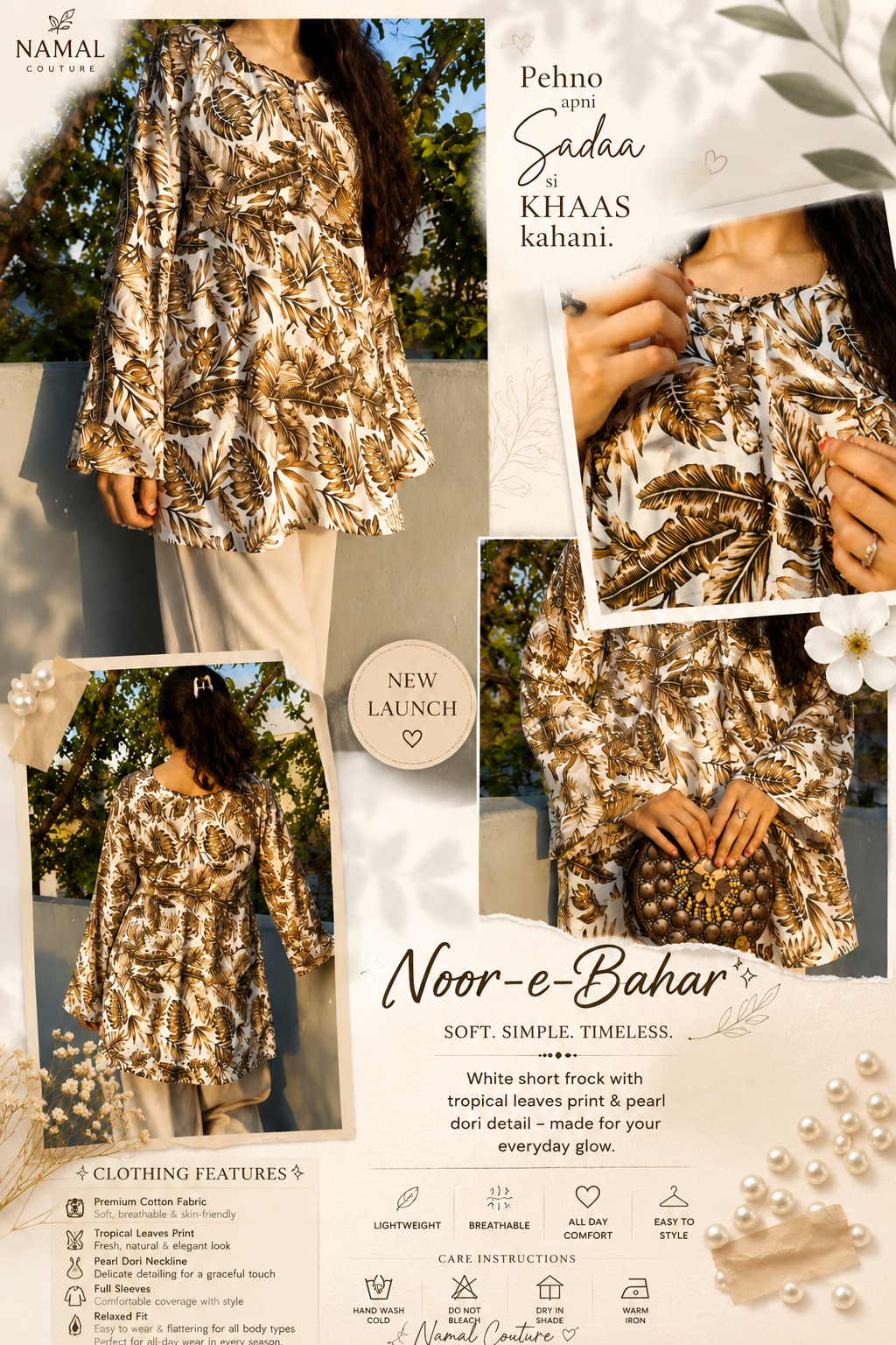 Noor-e-Bahar – Short Cotton kurti /Full sleeves with pearl detailling