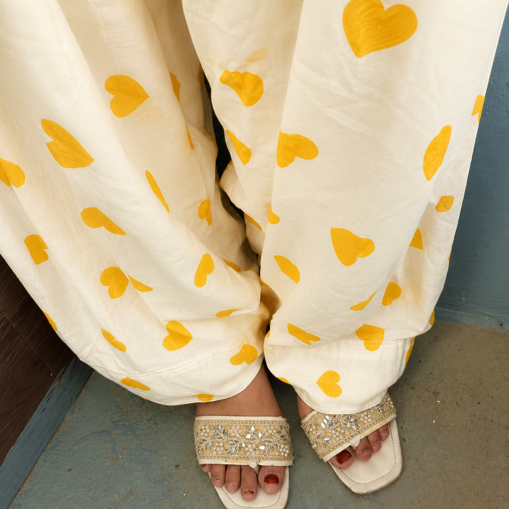 ISHQ MIRCHI -  Chikankari Cotton Suit Set /yellow Heart Print Farshi Salwar..