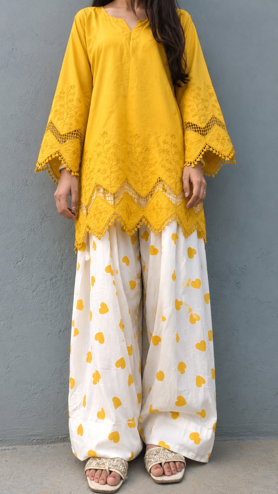 ISHQ MIRCHI -  Chikankari Cotton Suit Set /yellow Heart Print Farshi Salwar..