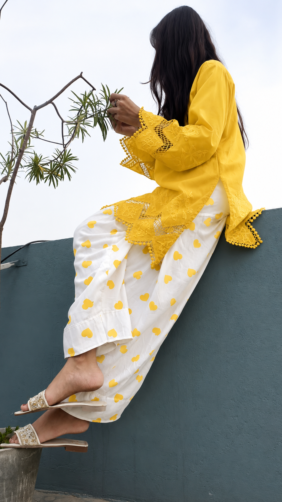 ISHQ MIRCHI -  Chikankari Cotton Suit Set /yellow Heart Print Farshi Salwar..